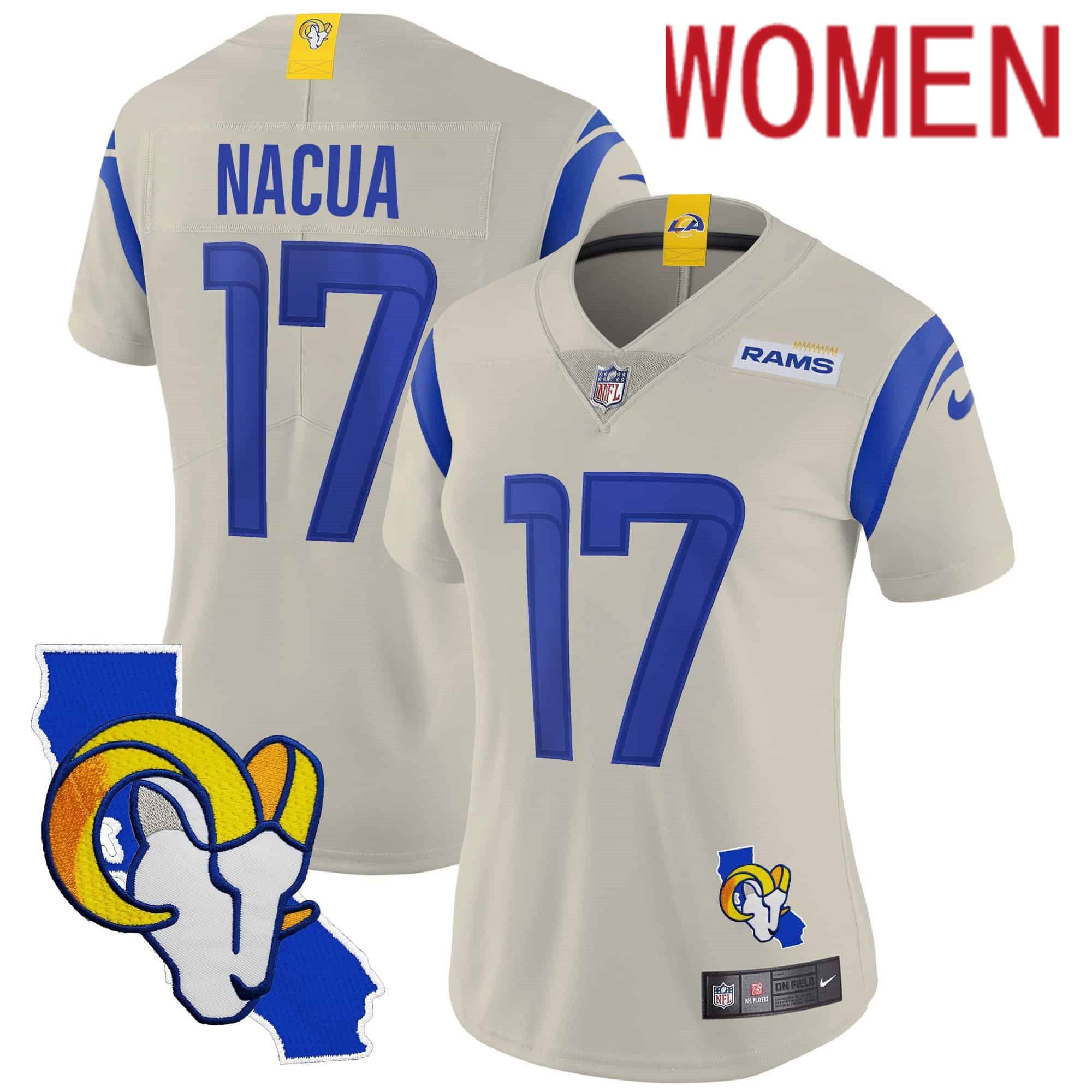Women Los Angeles Rams #17 Nacua Cream 2024 Nike California Patch Vapor Limited NFL Jersey